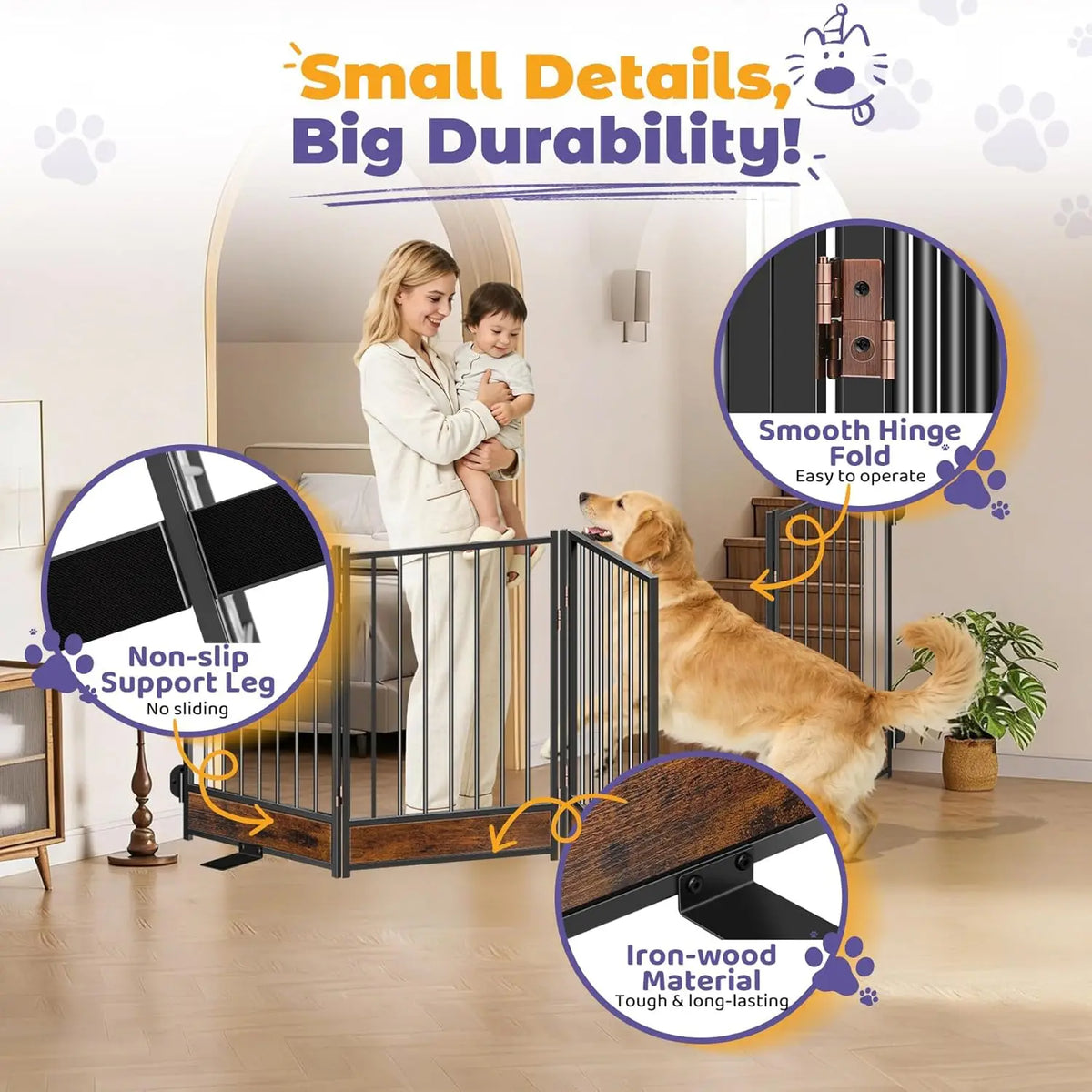 Freestanding Dog Gate with Door, Metal & Wood, 81'' Wide 32'' Tall, Foldable Safety Fence for Indoor/Outdoor Use