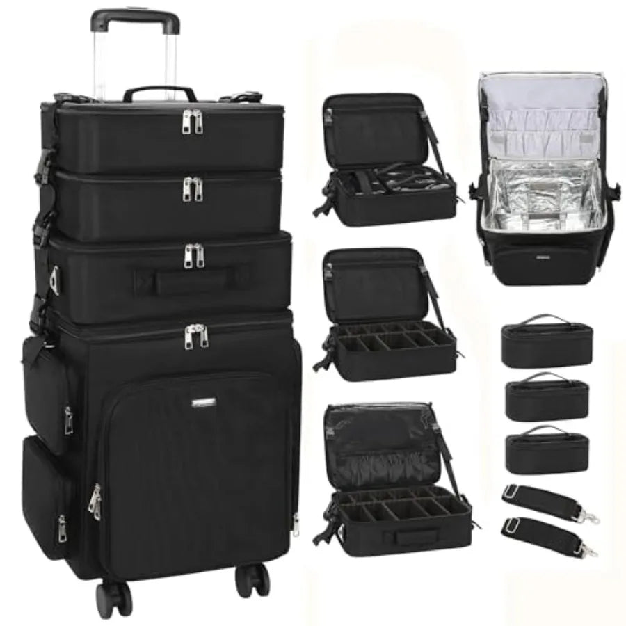 Relavel Rolling Makeup Case 4 in 1 Hairstylist Traveling Bag Cosmetology Case on Wheels Large Hair Tools Cosmetics Train Case M