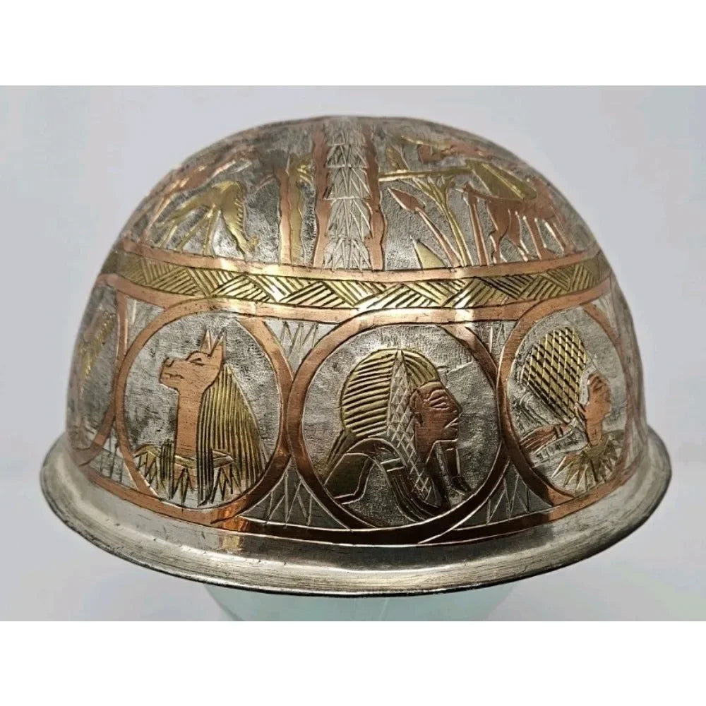 Egyptian Design Hammered Etched Engraved Brass Hard Hat Helmet Copper Vintage