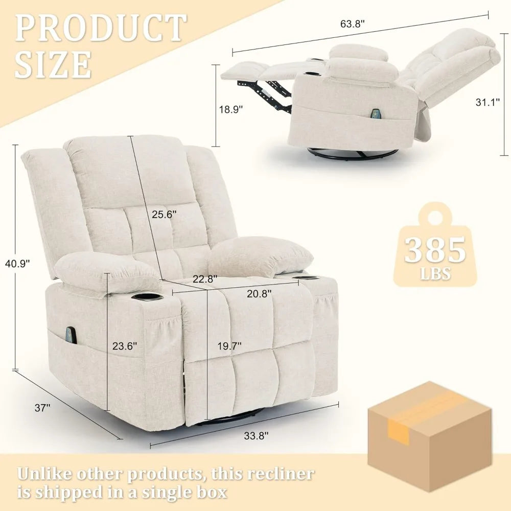 Adult 360° Rotating Rocking Chair, Gliding Recliner with Massage and Heating Functions, Customizable