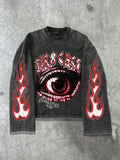 Distressed Black Long Sleeve Tee with Graphic Eye & Pink Flame Print, Gothic Y2K Style