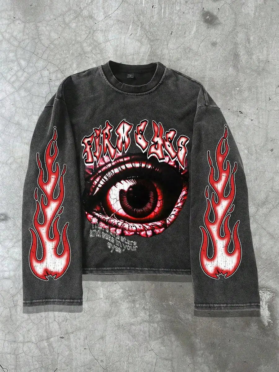 Distressed Black Long Sleeve Tee with Graphic Eye & Pink Flame Print, Gothic Y2K Style