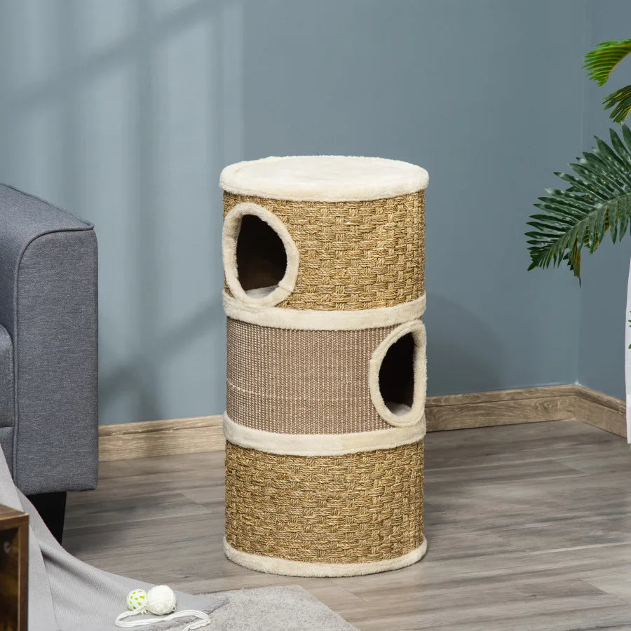 PawHut 28 Inch Cat Condo 3 Story Cat Hideaway with Sisal Scratching Pad Barrel Shaped Small Cat Tree for Indoor Cats Khaki and