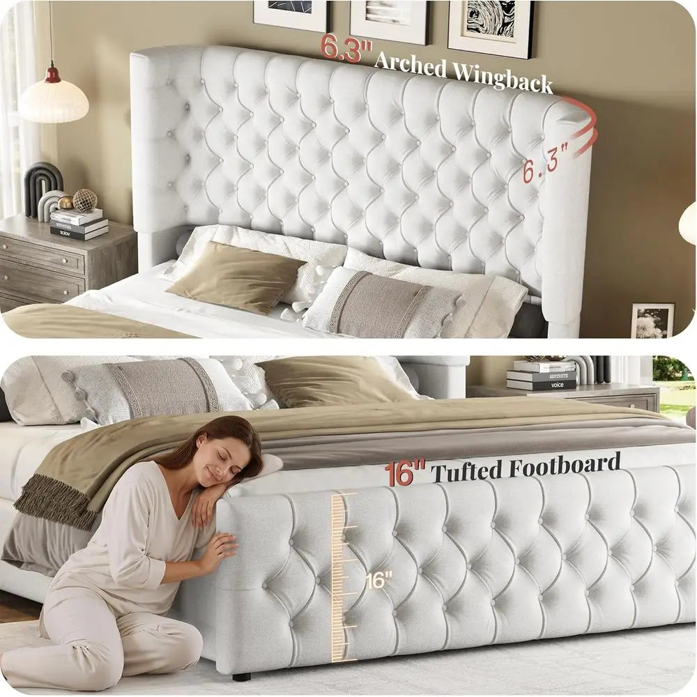 Queen Size Platform Bed with 6.3 Thick Upholstered Wingback Headboard, Deep Button Tufting, Easy Assembly, No Box Spring Needed,