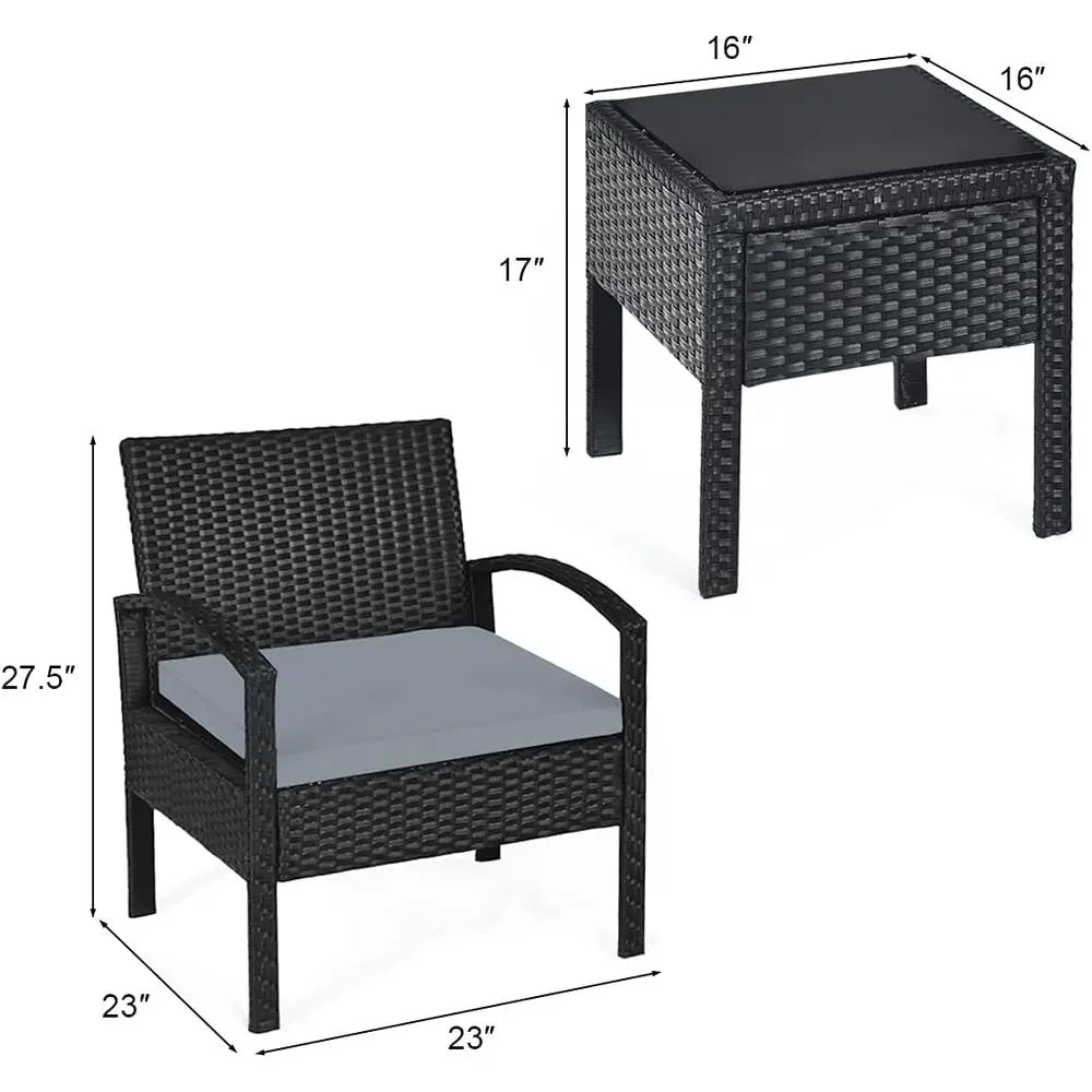 Grey Outdoor Patio Furniture Set: 3-Piece Rattan Sectional with 2 Chairs & Coffee Table for Garden, Balcony, Backyard, Poolside
