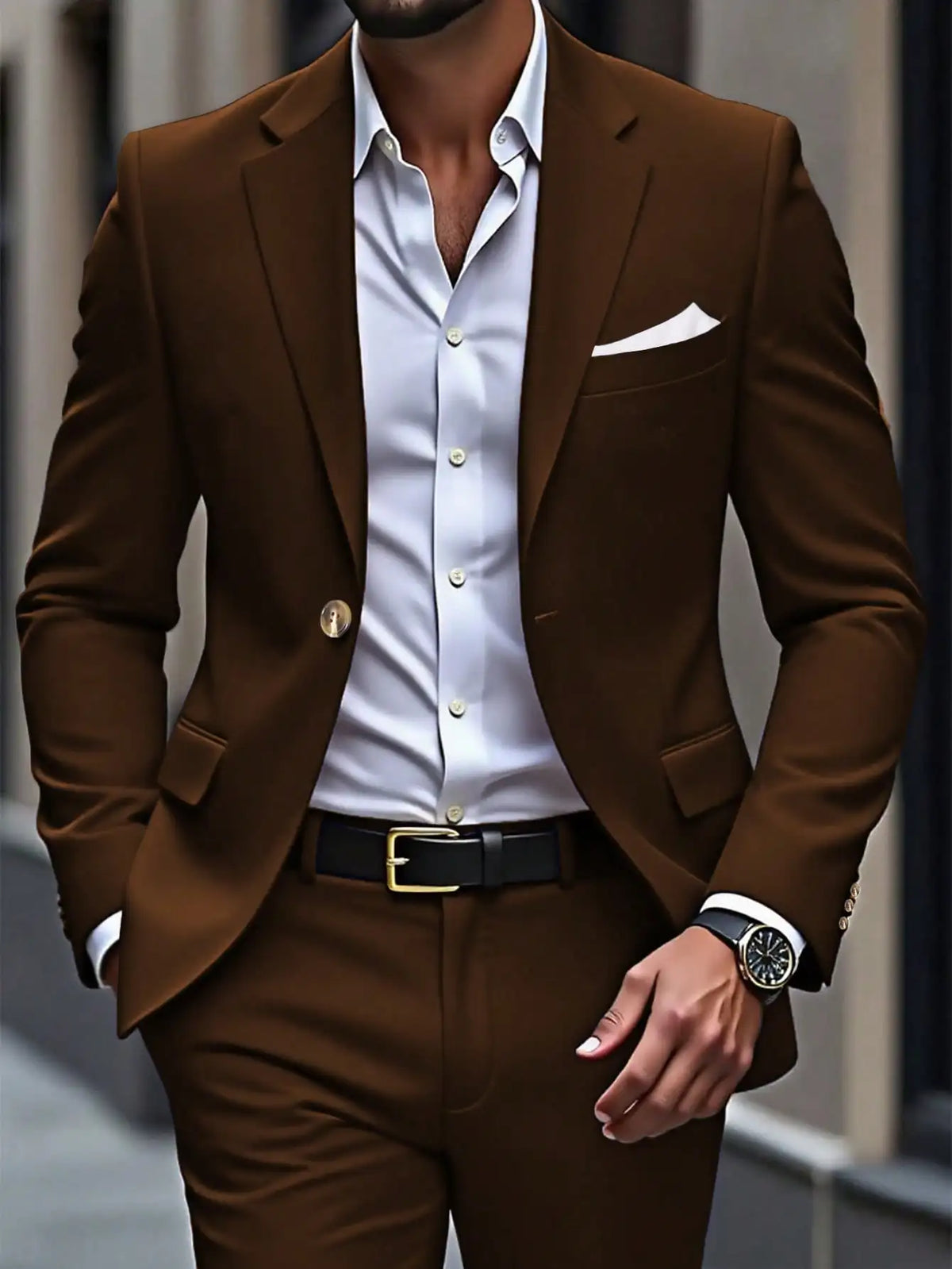 Men's Single Breasted Brown Suit Jacket And Pants Set