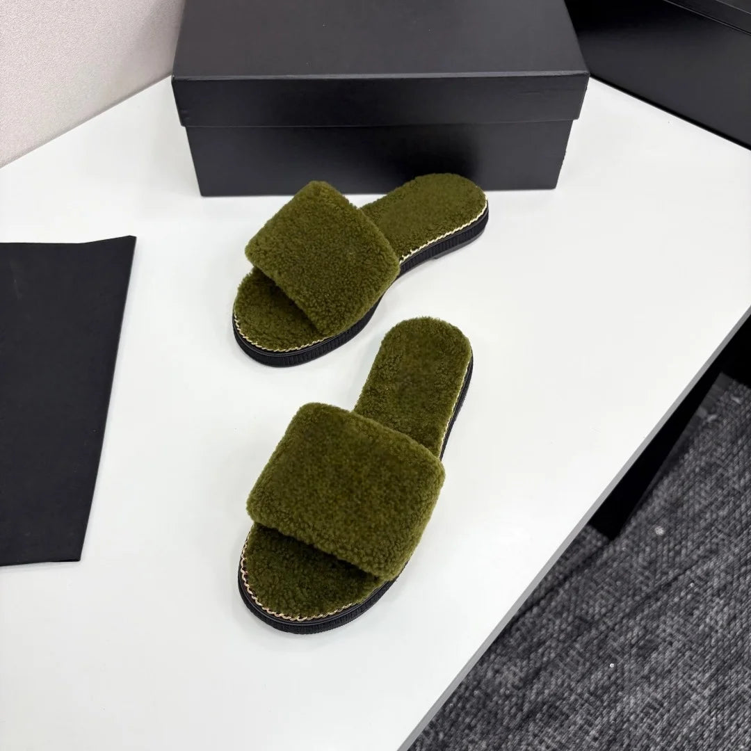 Women' Slippers Winter  Luxury Brands Open Toe Fluffy Solid Color House Slippers New Indoor and Outdoor Antiskid Cotton Shoes