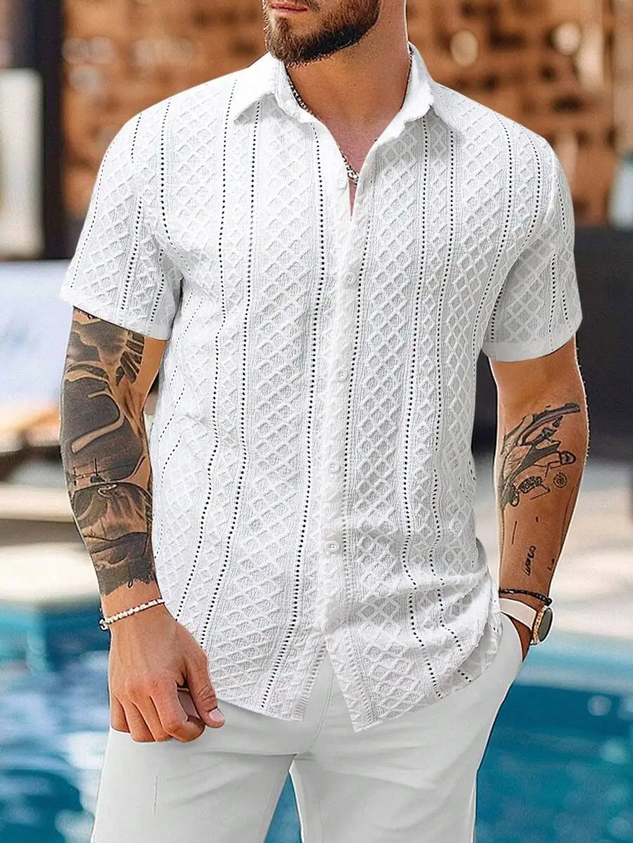 Men's Casual Short Sleeve Shirt with Textured Diamond Pattern, Lightweight Breathable Fabric for Summer Vacation