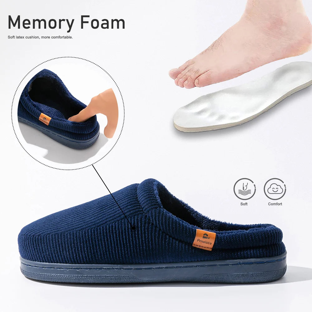 Pmoiste Stripe Corduroy House Shoes Men Warm Soft TPR Cushion Memory Foam Home Slippers Slip On Winter Indoor High-quality