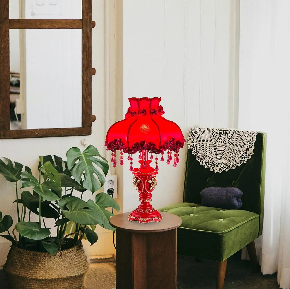 Elegant Antique Flower Table Lamp with Fabric Shade, Rose Decorative Night Light for Bedroom Nightstand