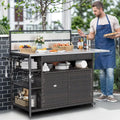 Outdoor Kitchen Island with Bar Table, Storage Cabinet, Stainless Steel Top, Wheels, and Side Handle in Brown
