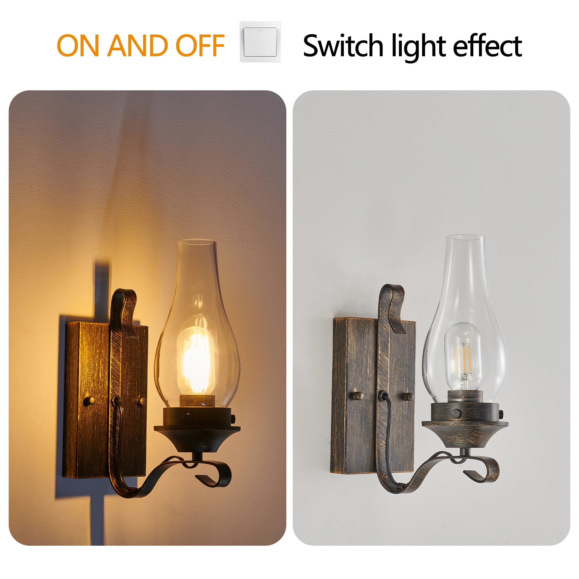 2PCS Vintage Industrial Wall Sconces Black Gold Finish Clear Glass Shade  E26 Base for Bedroom Living Room Hallway No Bulbs