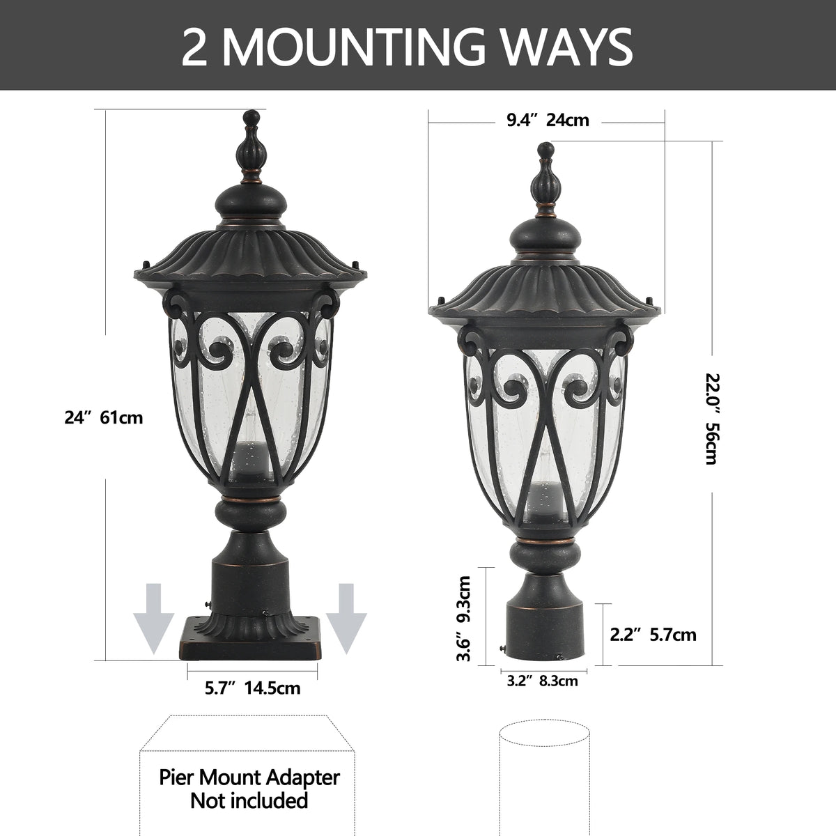 Vintage Black Outdoor Post Lantern - Waterproof Aluminum Lamp Post Light with Bubble Glass, Decorative Garden Lighting(No Bulb)