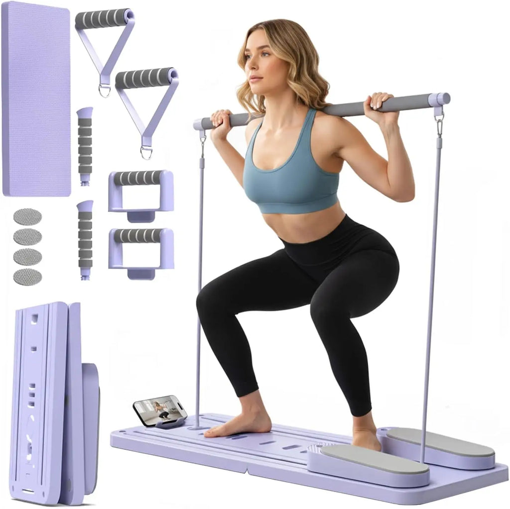 Foldable Pilates Reformer Board with Push-Up Bars, Resistance Bands for Home Workout & Travel Fitness