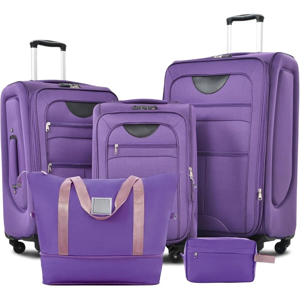 Lightweight and expandable soft-sided luggage set, large capacity suitcase with rotating wheels and adjustable telescopic handle