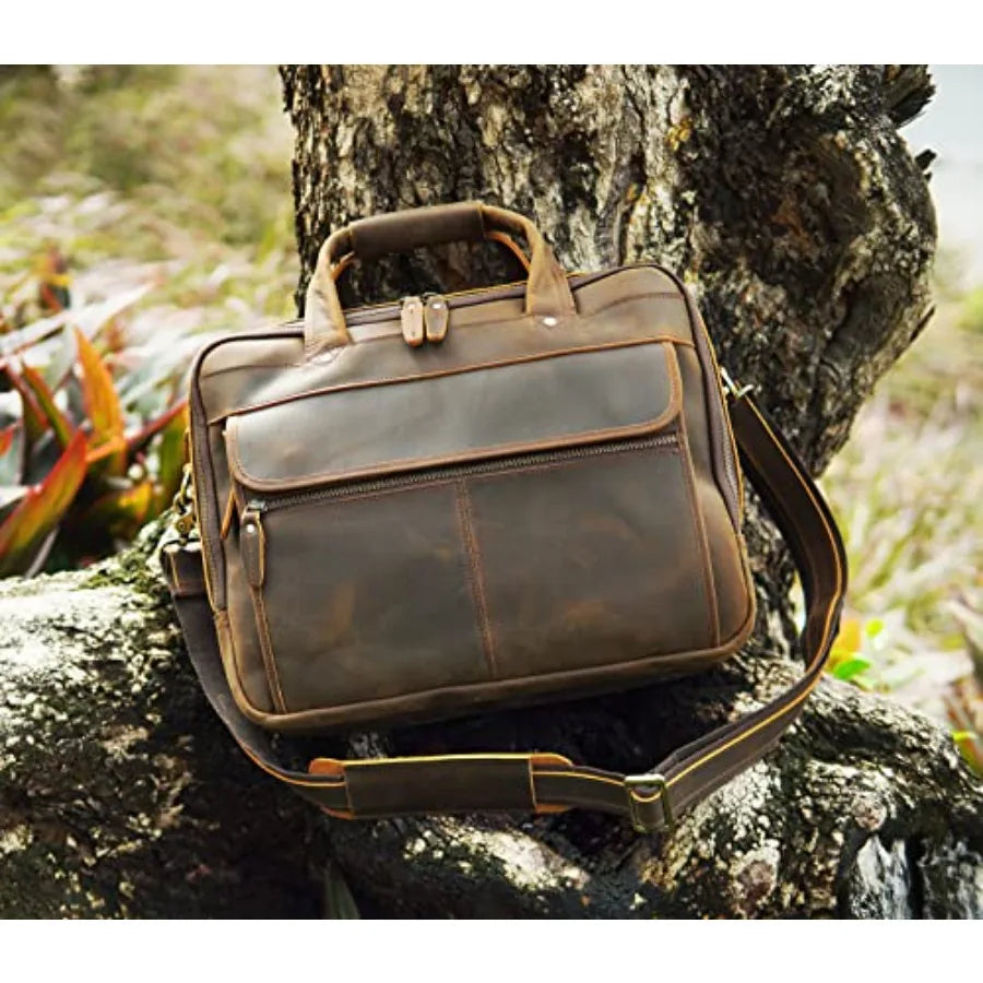 Modern Attache Style 15.7 Full Grain Italian Leather Laptop Briefcase for Men in Brown with Premium Craftsmanship and Spacious