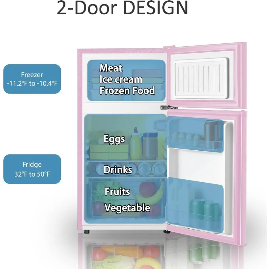 Compact 3.2 Cu.Ft Mini Fridge with Separate Freezer for Dorm Bedroom Office or Apartment 2-Door Design with 7-Level Temperature