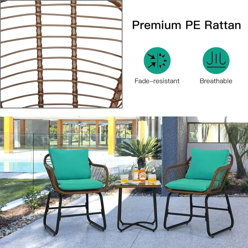 3-Piece Outdoor Cushioned Rattan Bistro Set with Glass Top Table in Turquoise
