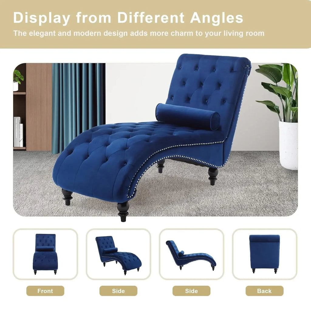 Velvet Button-Tufted Chaise Lounge Chair Indoor Comfortable Seating with Pillow Upholstered Customizable for Bedroom Living Room