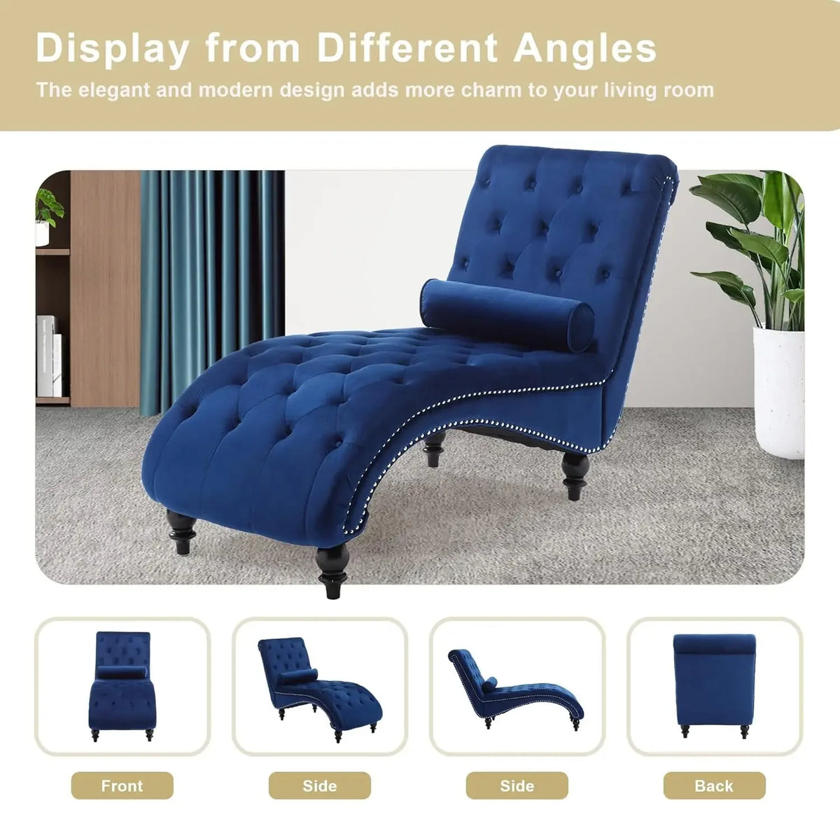 Velvet Button-Tufted Chaise Lounge Chair Indoor Comfortable Seating with Pillow Upholstered Customizable for Bedroom Living Room