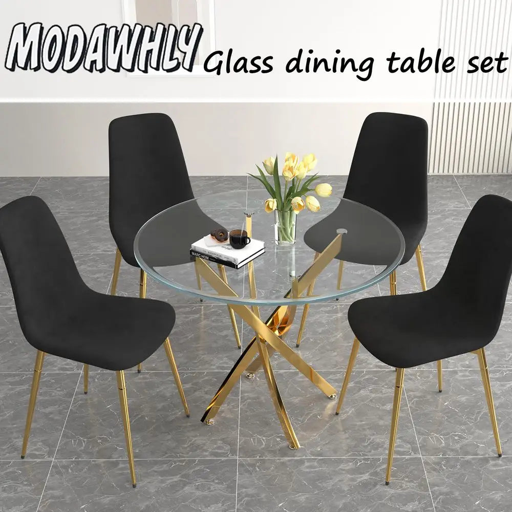 Dining Table Set for 4, 5Piece Round Gold Kitchen Table Set with 4 Black Upholstered Chair, Tempered Glass Dining Room Table for