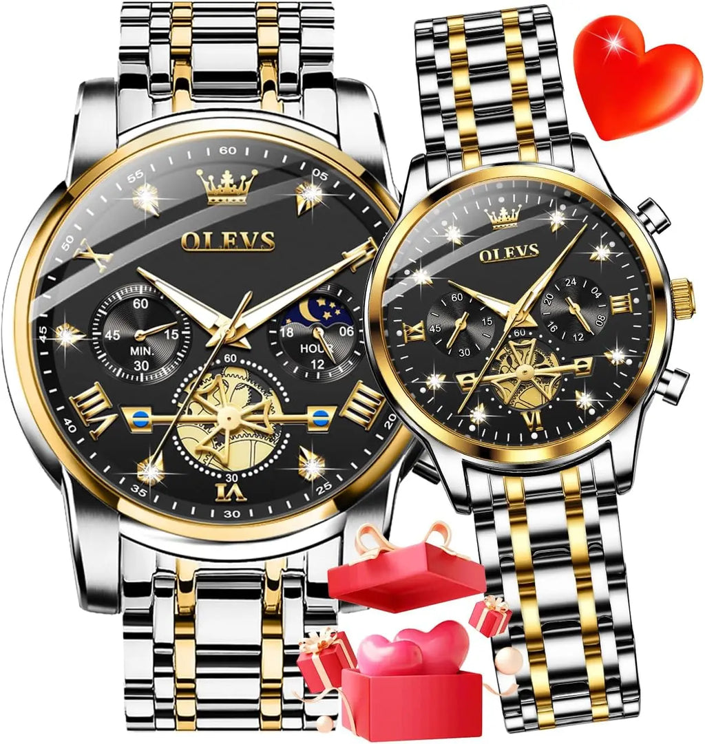 His and Her Matching Couple Watches with Diamond Accents, Romantic Valentine's Gift Set for Men and Women