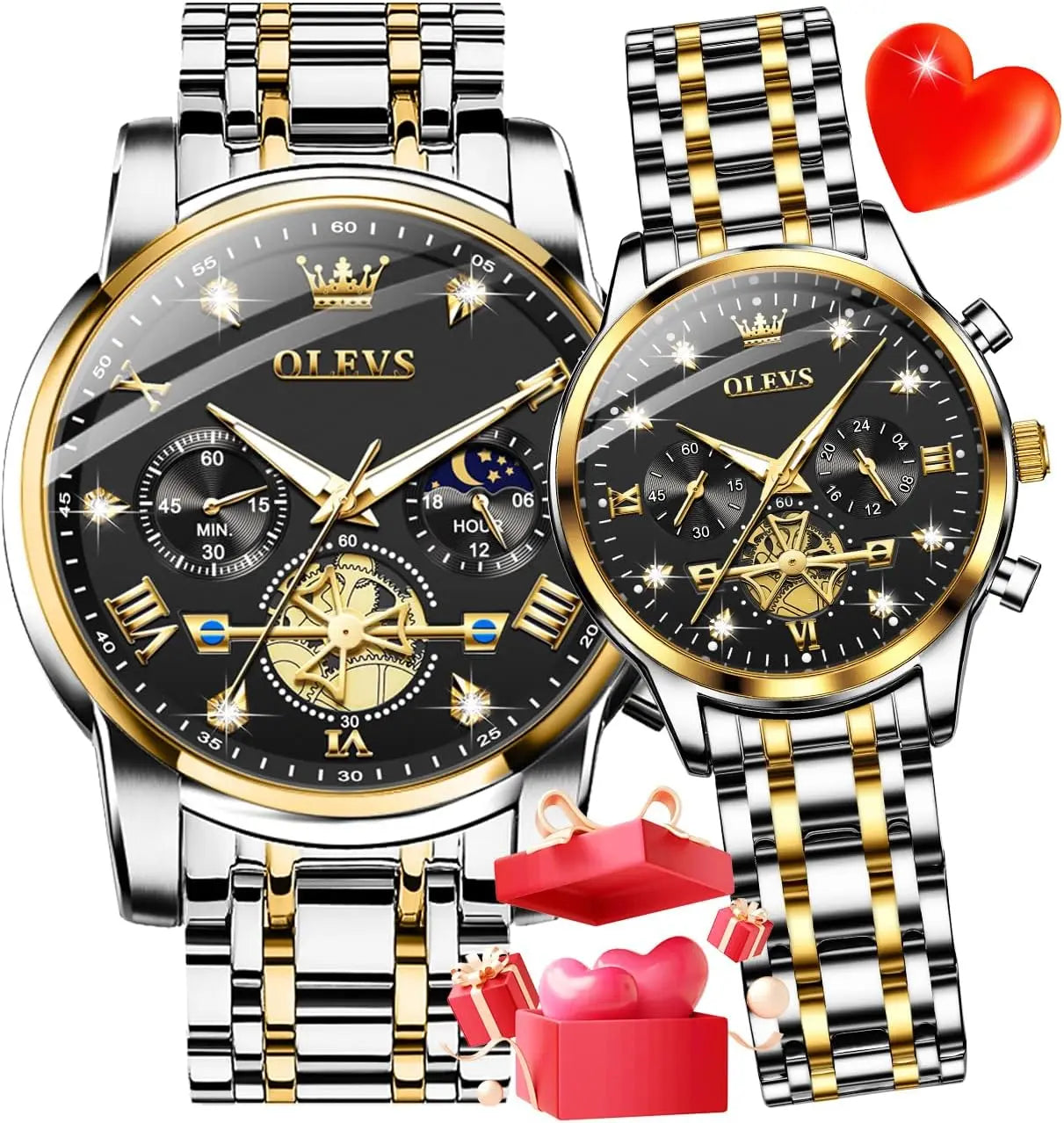 His and Her Matching Couple Watches with Diamond Accents, Romantic Valentine's Gift Set for Men and Women
