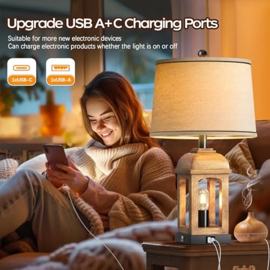 Table Lamp for Living Room Farmhouse Lamps with USB A+C and Nightlight 26" Rustic Bedside Lamps with 3-Way Dimmable Touch Contr