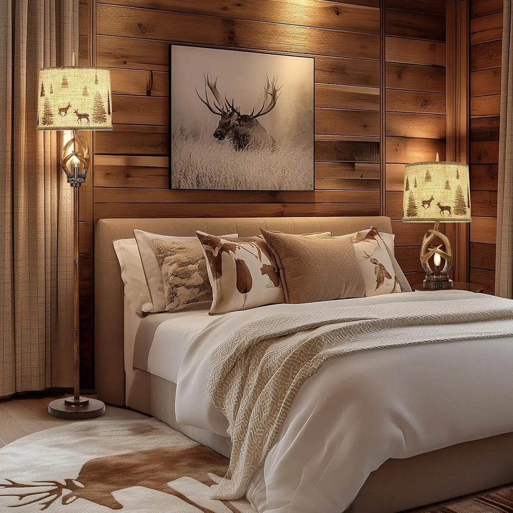 Rustic Antlers Floor Lamp with Nightlight, Brown Finish Round Shade for Living Room Bedroom Office