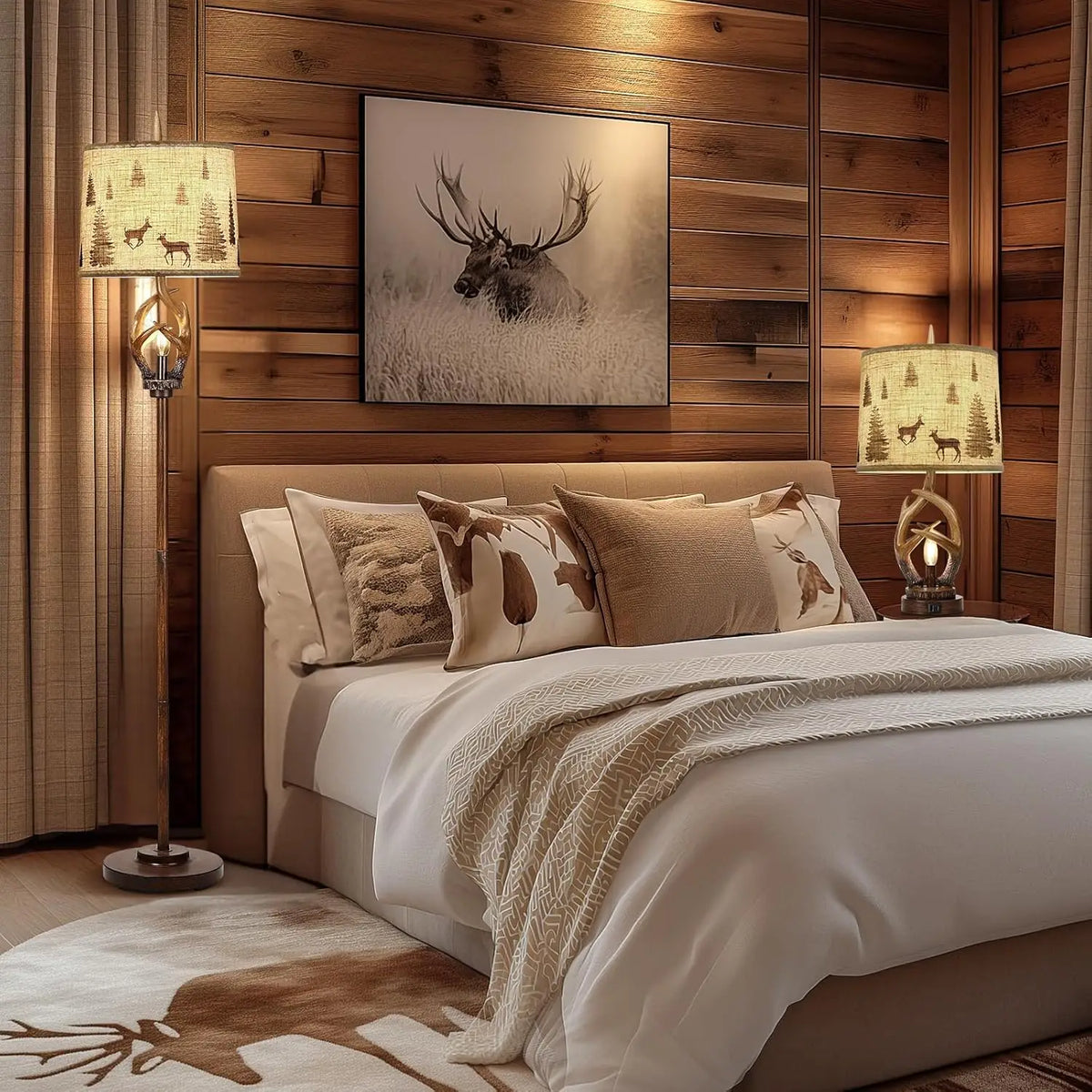 Rustic Antlers Floor Lamp with Nightlight, Brown Finish Round Shade for Living Room Bedroom Office