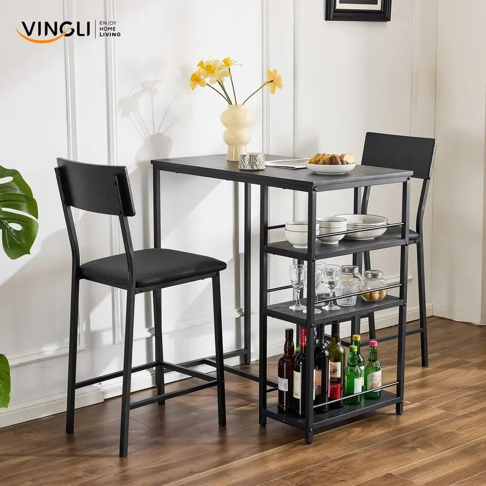 Dining Table Set for 2, Kitchen Breakfast Counter Height Small 3 Piece Bar Table and Chairs Set with Storage, Black