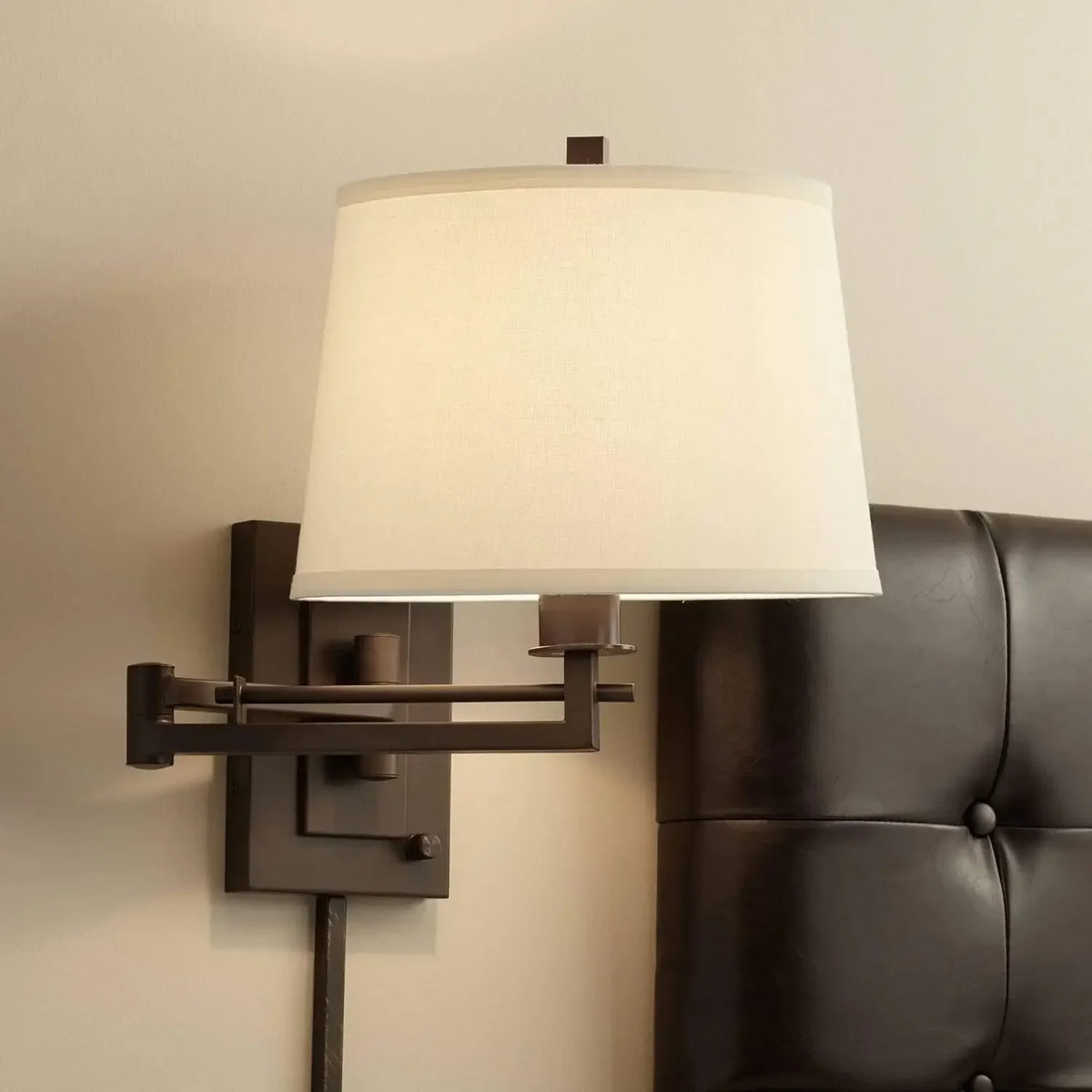 Easley Modern Swing Arm Adjustable Wall Lamp with Cord Matte Bronze Brown Plug-in Light Fixture Dimmable Fabric Drum Shade for B