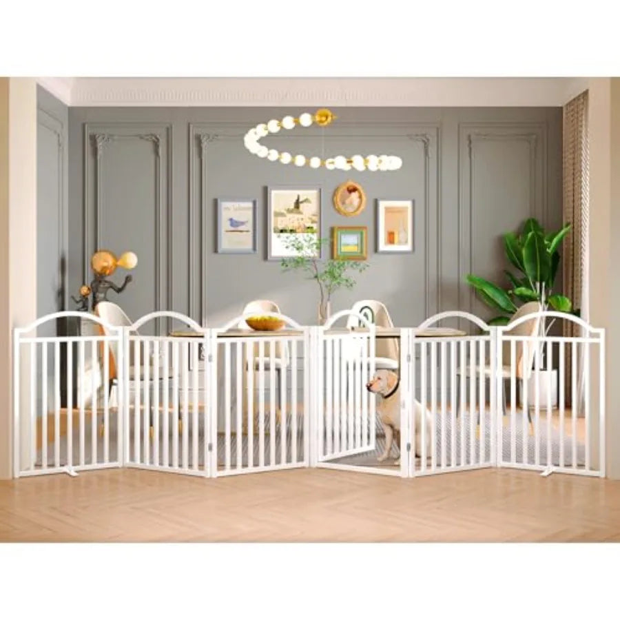 Freestanding Dog Gate with Door Walk Through 144 Extra Wide 32 Extra Tall Metal Pet Gate Accordion Puppy Folding Playpen Indoor