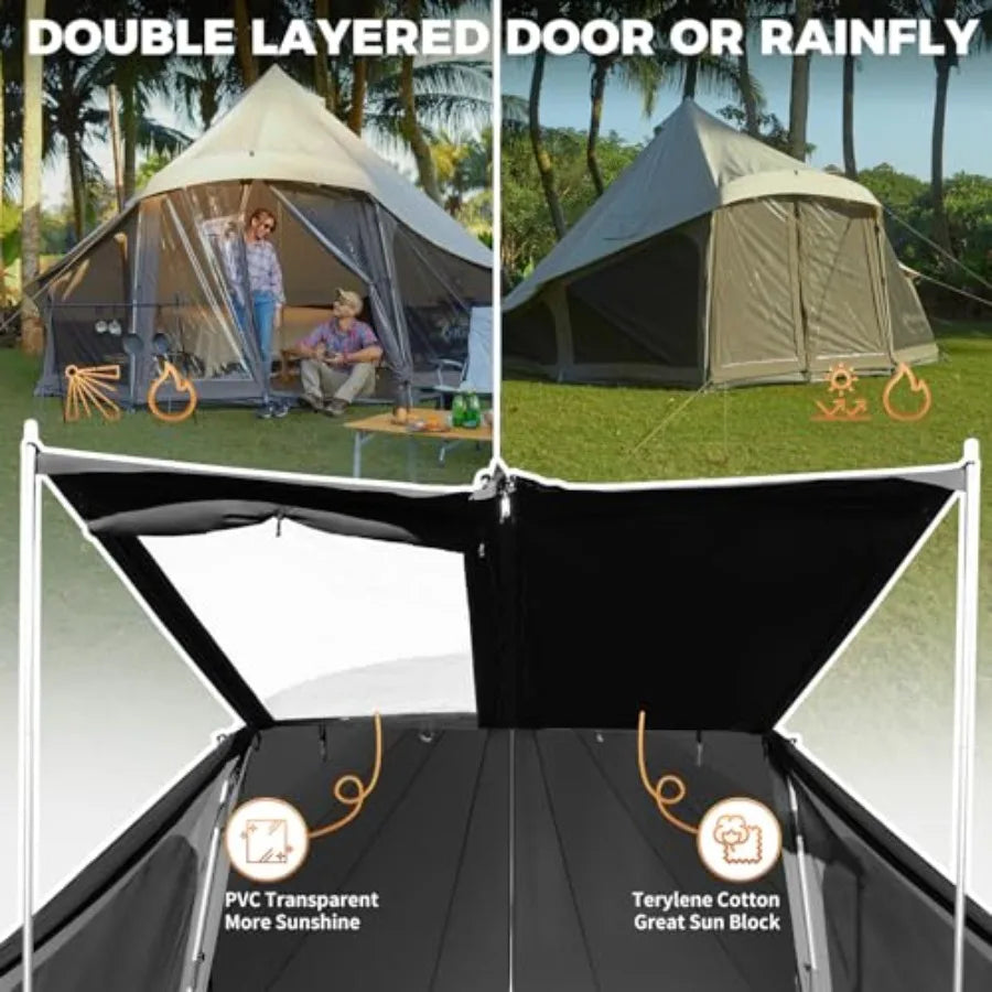 Canvas Bell Yurt Tents 4 Seasons Large Waterproof and Windproof Luxury Glamping Tent w/Stove Jack for Family Outdoor Camping Hu