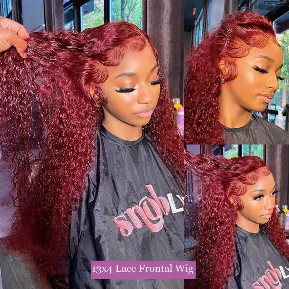 Deep Wave Human Hair Wigs 99J Burgundy 13X6 Hd Lace Frontal Wig 13X4 Human Hair 250 Density Water Wave Preplucked Brazilian Wig