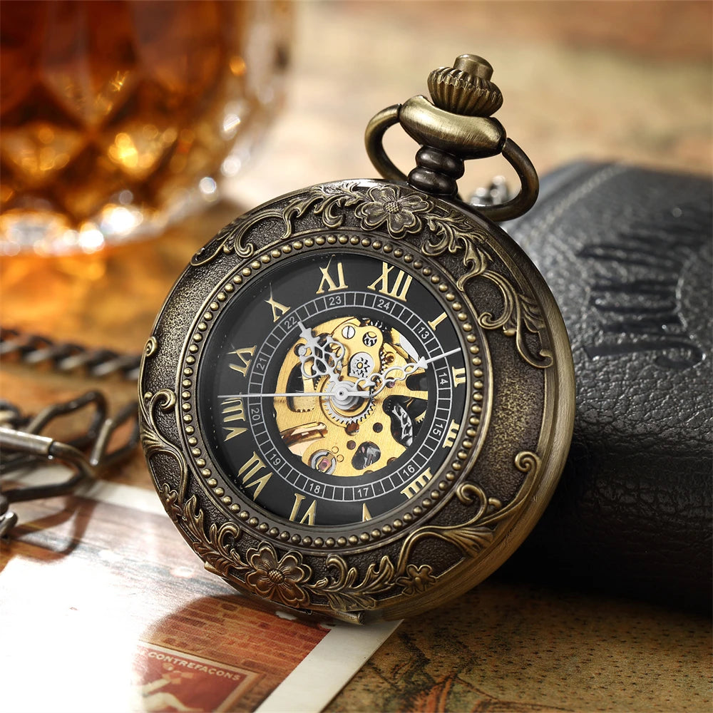 Luxury Retro Golden Hollow Skeleton Mechanical Pocket Watch Mens Fob Chain Steel Exquisite Sculpture Women Men Pocket Wath Gifs