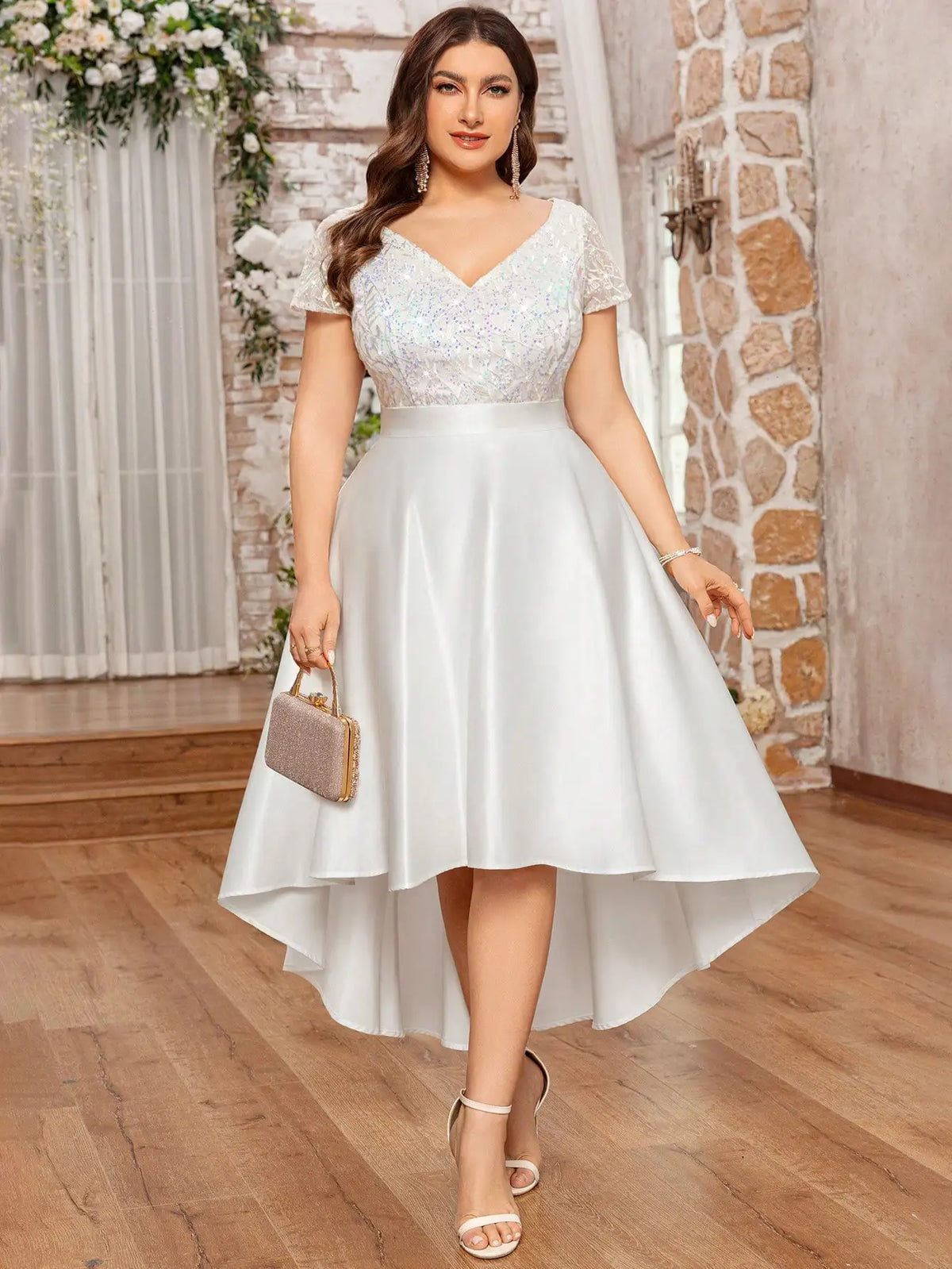 Plus Size V-Neck Sequin Embroidery Satin High-Low A-Line Formal Dress