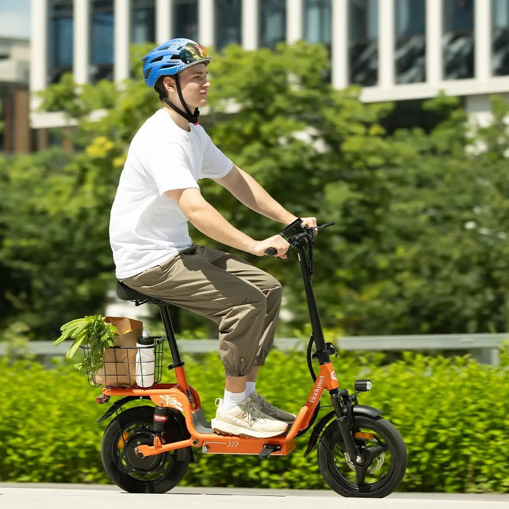 Bodywel T3 Electric Bike for Adults Electric Scooter with Seat, 14" Fat Tire E-bike, 500W 48V 9AH,Foldable ebike with Basket
