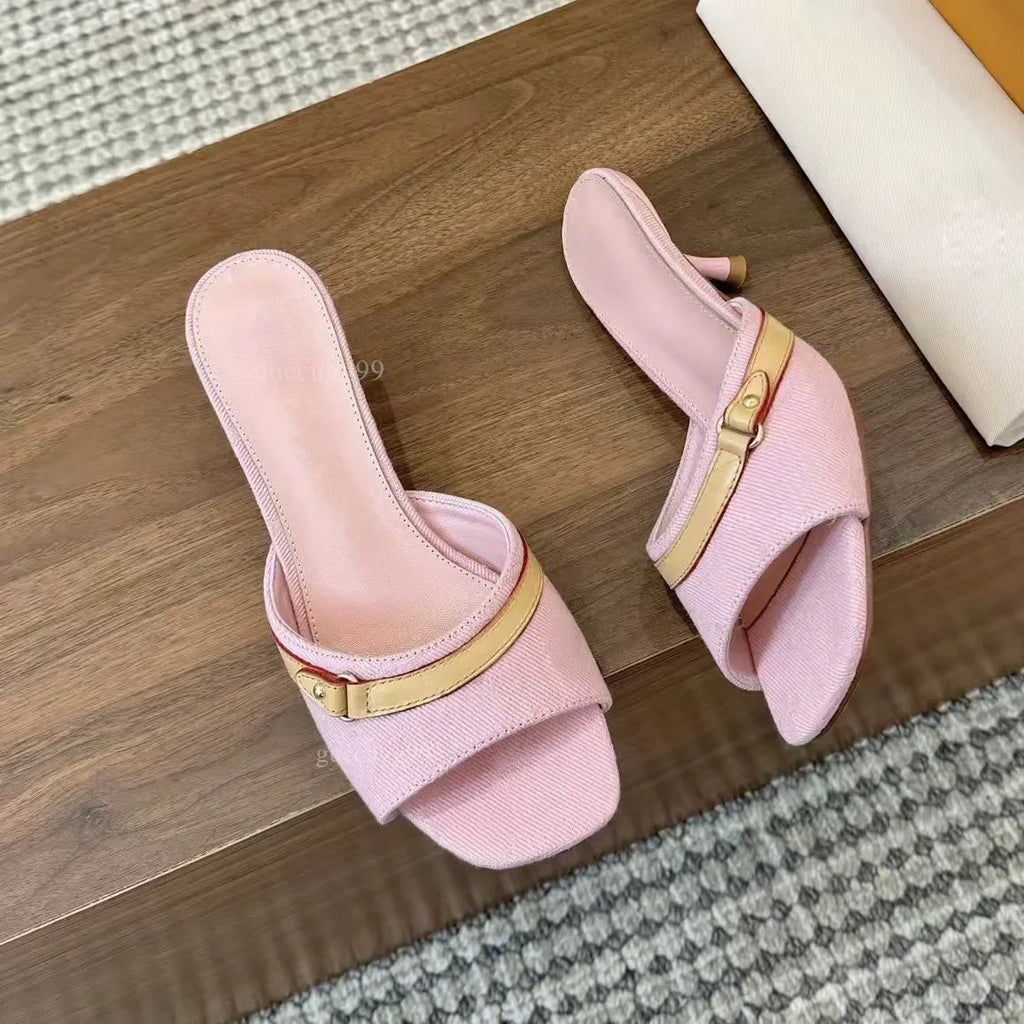designer womens pink denim 3cm 6cm mules Signature Leather outsole models stiletto heel feminine style casual mule sandals