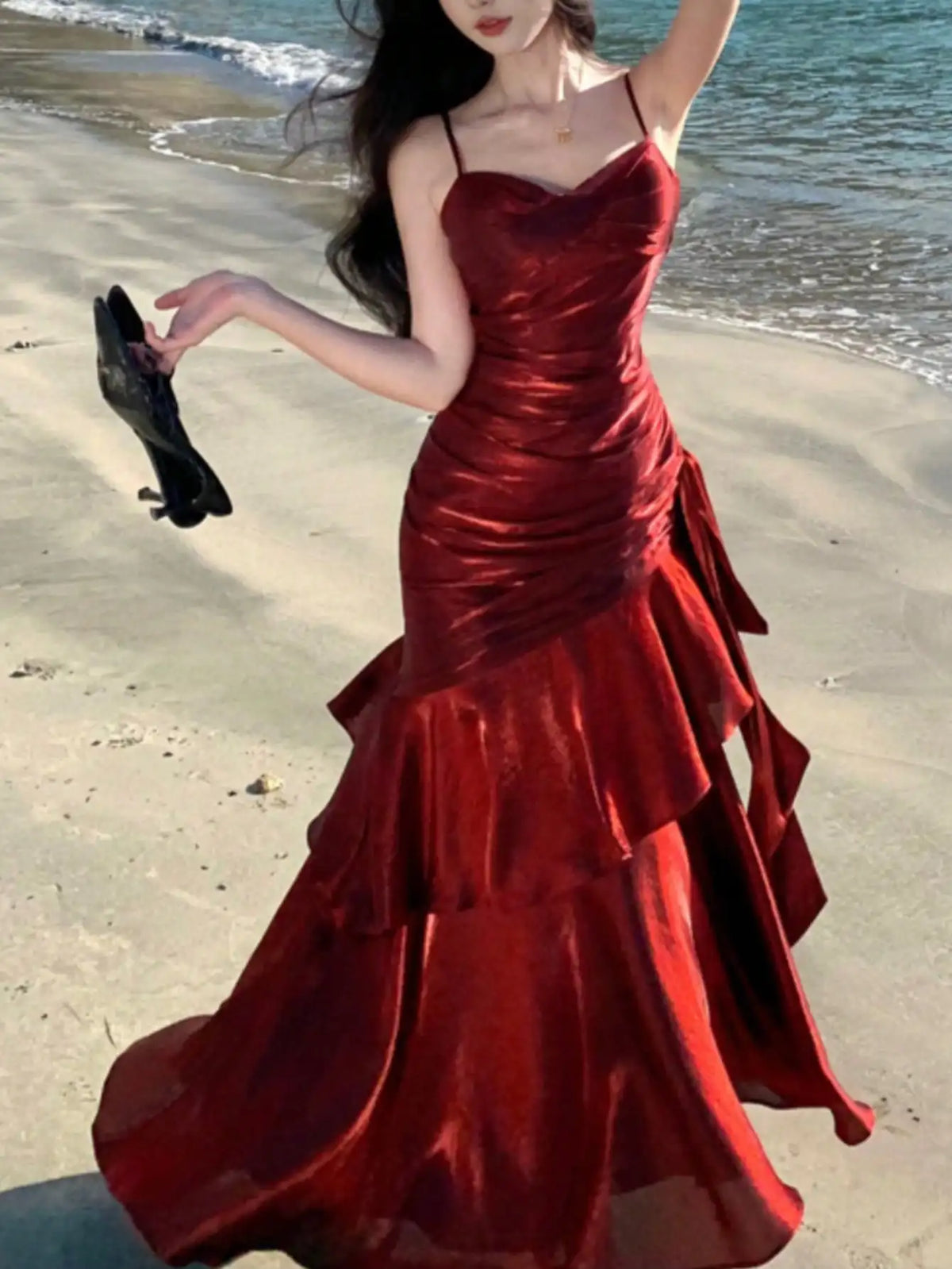 Burgundy Satin Mermaid Dress with Ruched Bodice and Spaghetti Straps for Formal Events