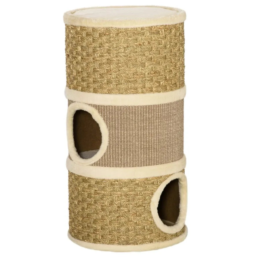 PawHut 28 Inch Cat Condo 3 Story Cat Hideaway with Sisal Scratching Pad Barrel Shaped Small Cat Tree for Indoor Cats Khaki and