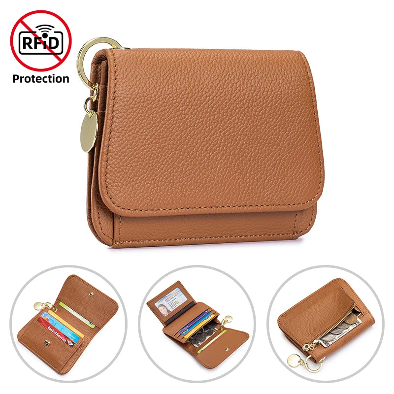Women Genuine Leather Slim TriFold Wallet Credit Card Holder With Zipper Coin Pouch, ID Window & Keychain