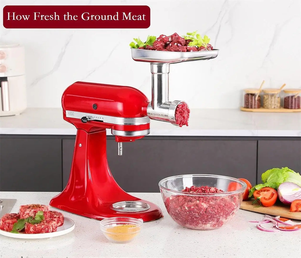 Stainless Steel Food Grinder Attachment for Kitchen Mixers, Dishwasher Safe with 3 Sausage Tubes