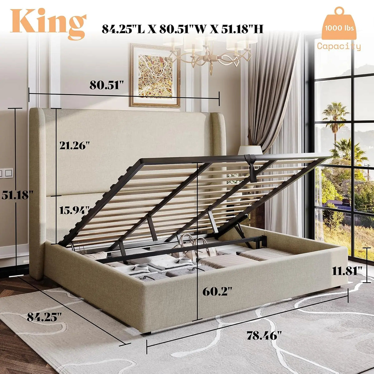 Lift Up Storage Bed King Upholstered Platform Frame Hydraulic Wingback Headboard No Box Spring Khaki, Customized