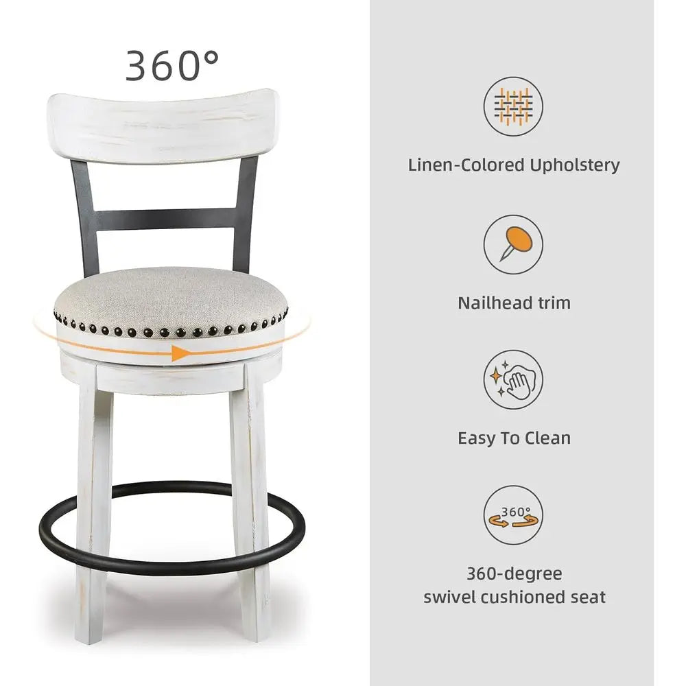 Valebeck | ern Swivel 24.5" Counter Height Barstool – Rustic-Industrial Whitewash, Upholstered Cushion, 360° Swivel, NailTrim