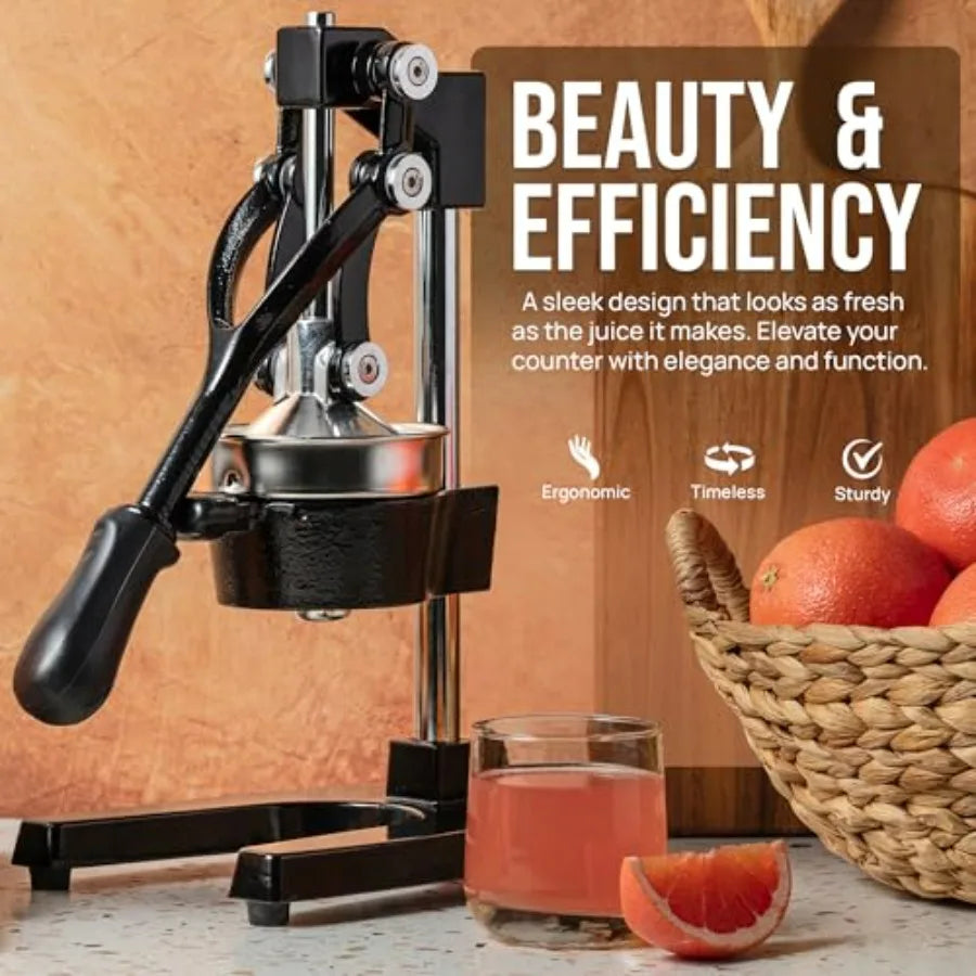 Cast Iron Juicer - Heavy-Duty Manual Citrus Juicer with Stainless Steel Components - Black Lemon Squeezer for Easy Cleaning and