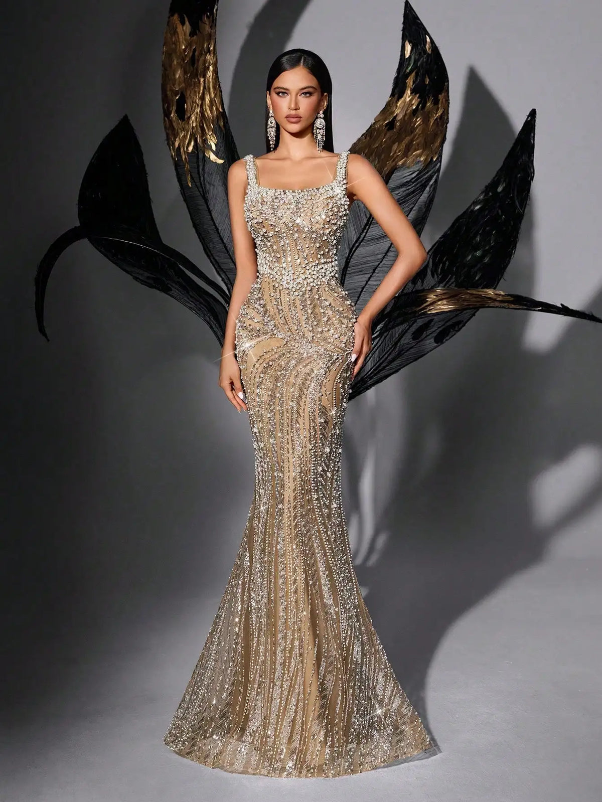 Shiny Sequin Beaded Backless Sleeveless Mermaid Evening Dress
