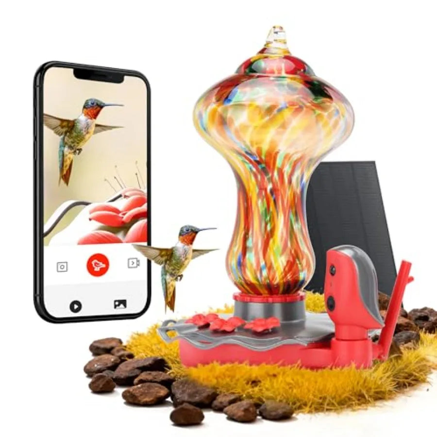 Smart Hummingbird Feeder with Solar-Powered Camera 2K AI Identification Water Detection Leakproof Design with Ant Moat Compatib