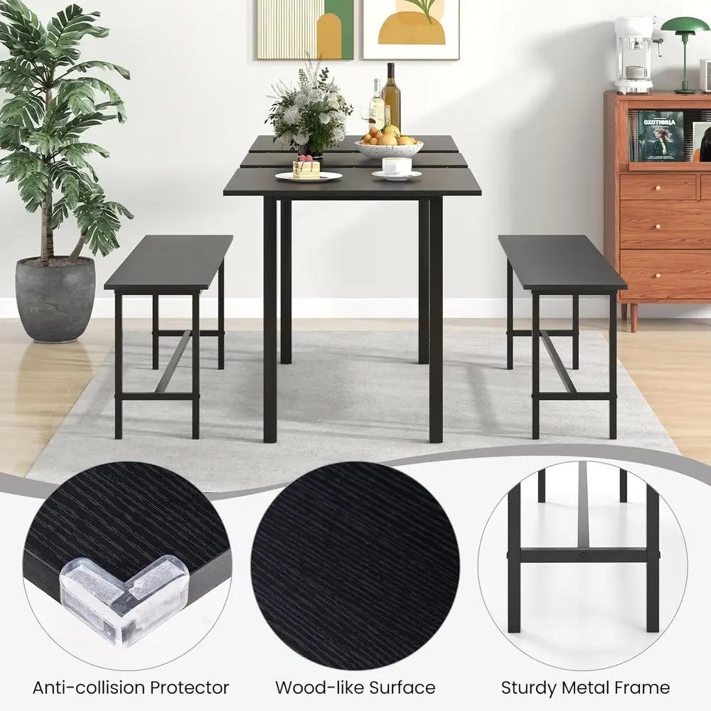 Space-Saving 63 Extendable Dining Table Set with 2 Benches for Small Spaces, Easy Clean Black Finish