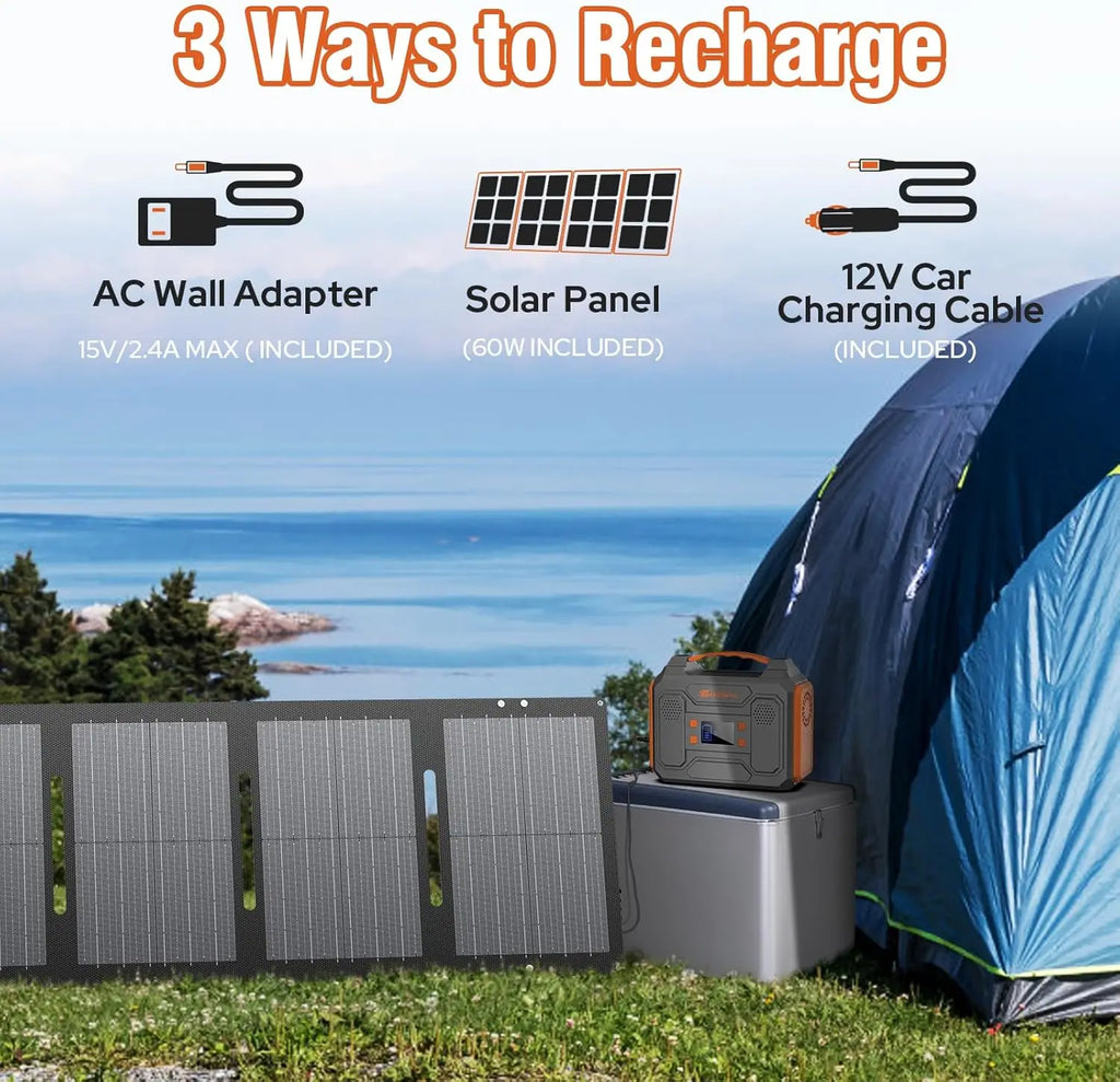 300W Portable Solar Generator with Foldable 60W Panel, 280Wh Battery Pack, Pure Sine Wave AC Outlet for Camping RV Outdoor Use